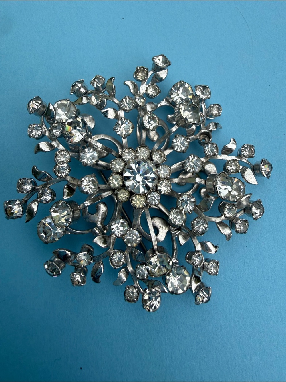 Rhinestone Floral Silver-Tone Brooch - Clear Crystal Sparkle- Signed